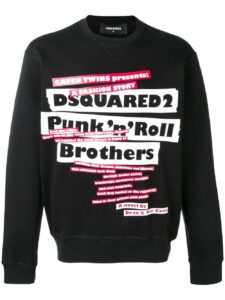 Pull Dsquared2 noir, imprimé Punk n Roll Brothers en bandes blanches et rouges, vue de face