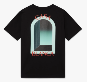 T-shirt Casablanca noir, vue de dos avec le grand imprimé en arche et CASA en rouge