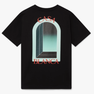 T-shirt Casablanca noir, vue de dos avec le grand imprimé en arche et CASA en rouge