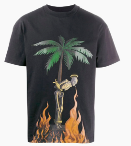 T-shirt Palm Angels noir, vue de face : palmier, squelette à l'auréole et flammes