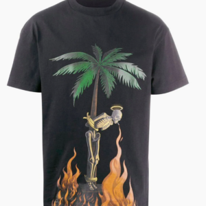 T-shirt Palm Angels noir, vue de face : palmier, squelette à l'auréole et flammes