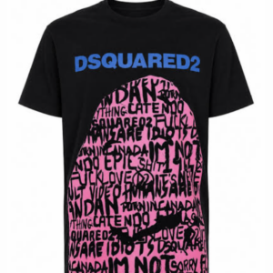 T-shirt Dsquared2 noir, logo bleu et grande forme rose avec inscriptions graffiti, vue de face